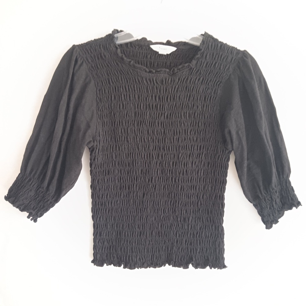 Nicole Miller Top Women M Black Excellent Smocked Cotton Puff Sleeve Blouse